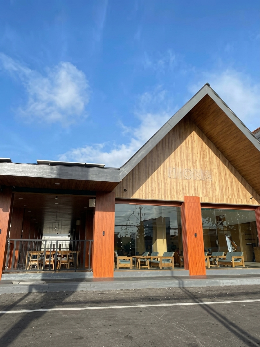 Lyon's Cafe exterior — distinctive triangular wooden roof in Monjali, Yogyakarta